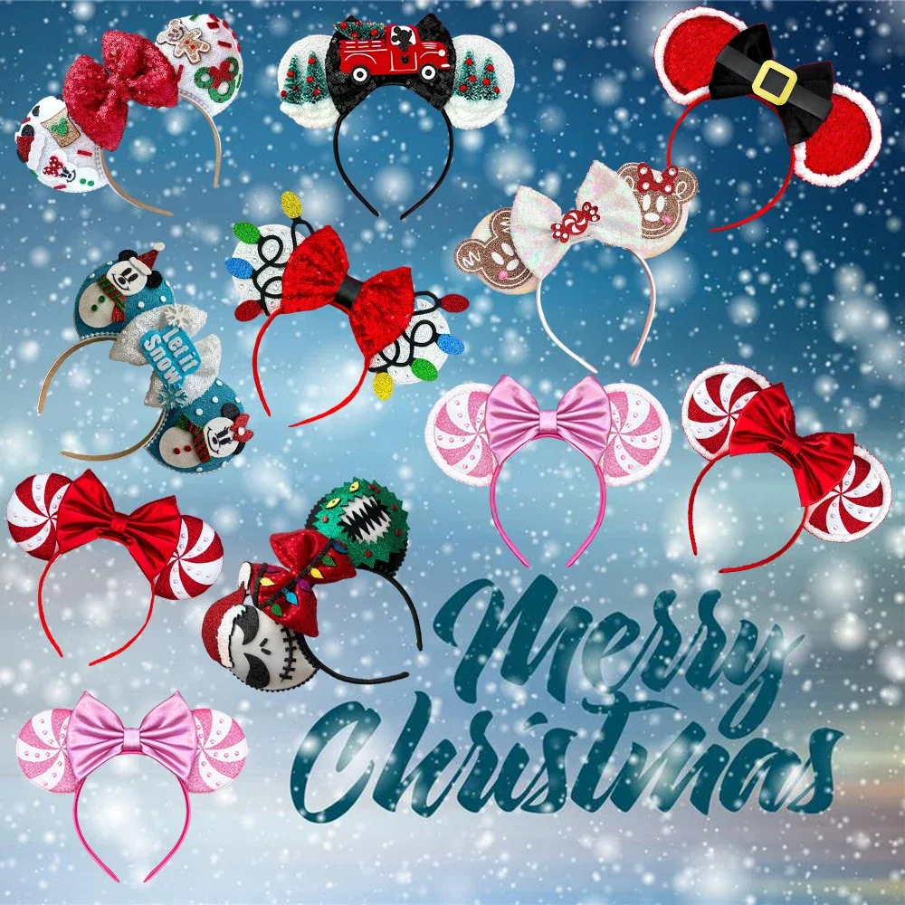 

Disney Christmas Mickey Head Band For Girl Boys Minnie Ears Hairband Cute DIIY Sequins Bow Hair Accessories Women Kids Xmas Gift