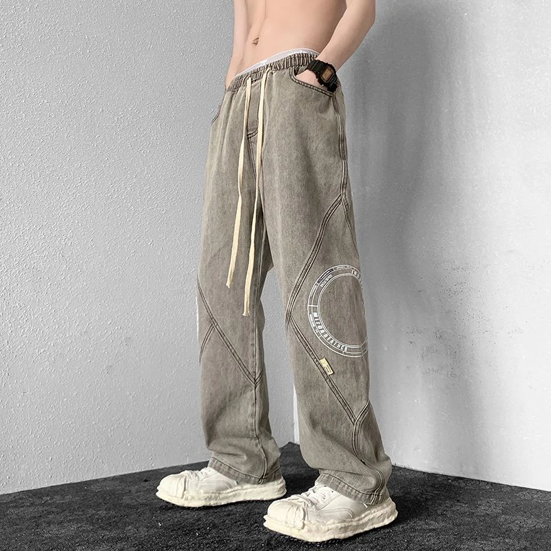 DEEPTOWN Loose Straight Jeans Men Streetwear Hip Hop Denim Pants Casual Black Blue Trousers Male Vintage Printed Korean Spring