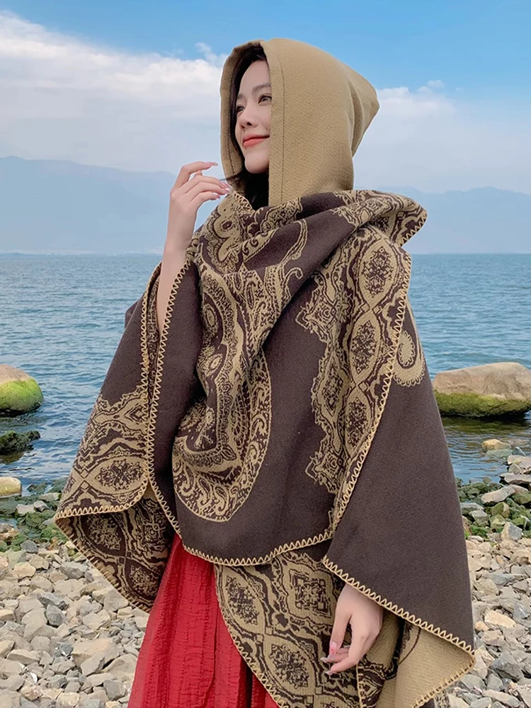 Новый осенне-зимний ретро-шарф женское пончо с капюшоном теплое цветочным