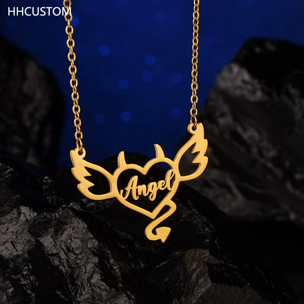 

HHCUSTOM Personality Custom Devil Angel Name Necklace Stainless Steel Heart Wing Nameplate Pendant Choker For Women Jewelry Gift