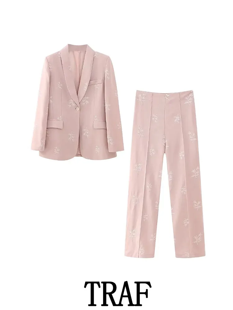 

TRAF2023 Woman 2 Piece Sets Fashion Embroidery Single Button Blazer Coat Tops + High Waist Long Pants Summer Causal Commute Sets