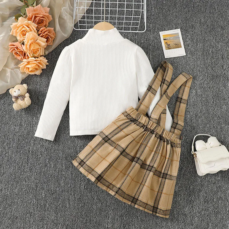 

Kids Baby Girl Fall Clothes Outfits Elegant Solid Color Long Sleeve Mock Neck Ribbed Tops Button Suspender Plaid Skirt 2PCS Sets