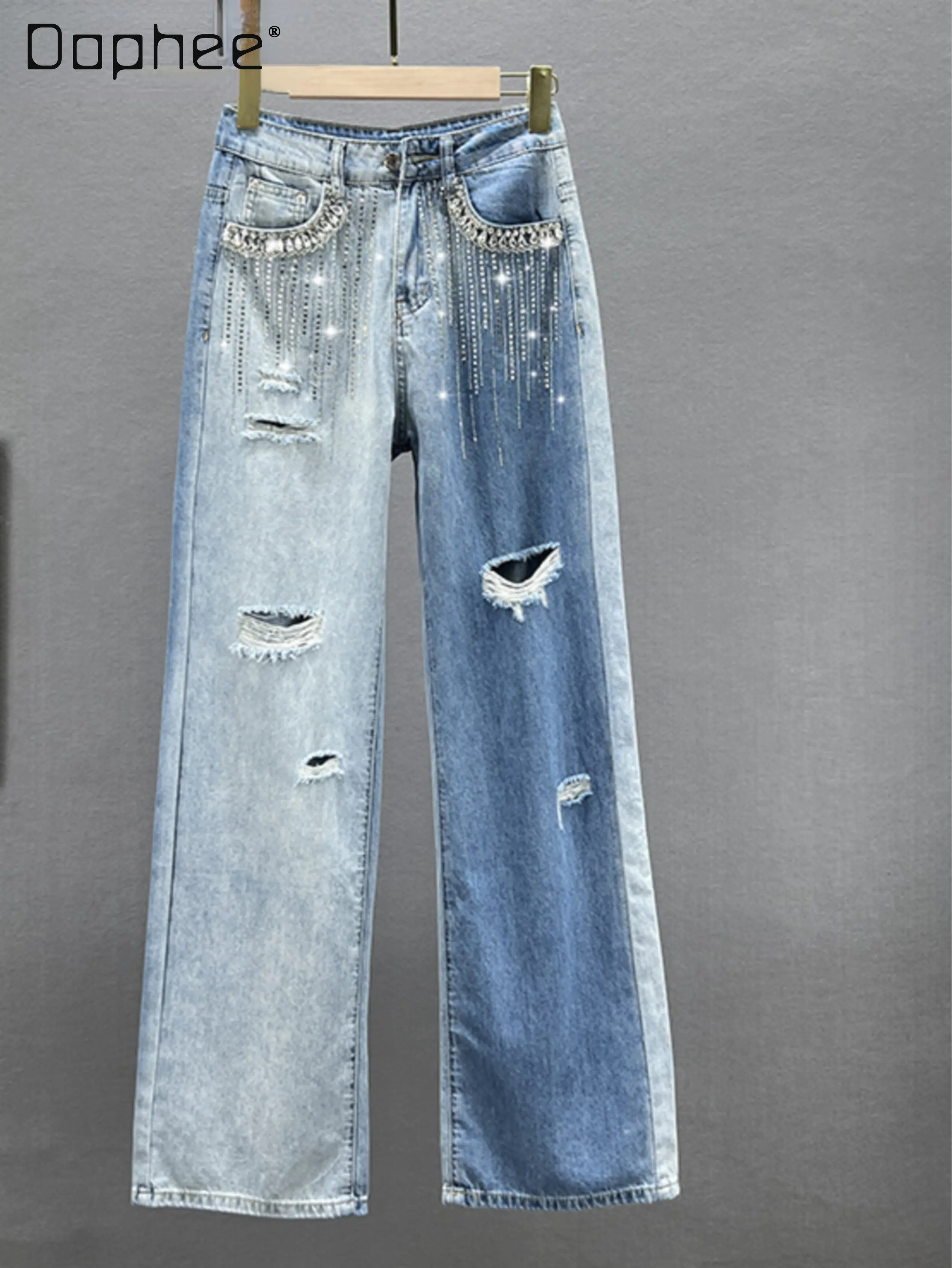 High Waist Ripped Wide-Leg Jeans Female 2023 Spring and Summer New Thin Loose Diamond-Embedded Trousers Baggy Jeans Women