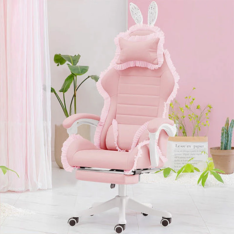 Silla de ordenador de oficina y dormitorio para niñas, cómoda silla giratoria de encaje ajustable para gaming en vivo, color rosa