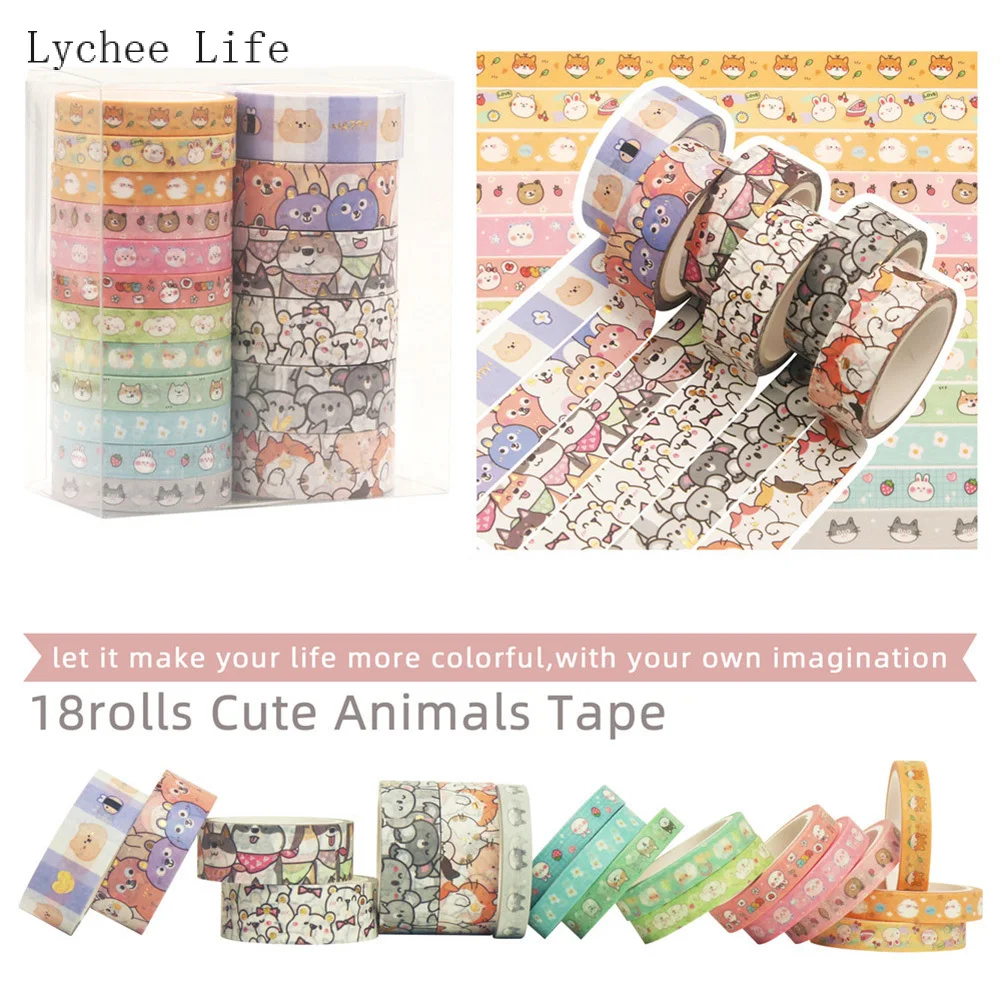

Lychee Life 18 Рулонов, милая Васи-лента с животными, наклейка, Маскировочная лента, сделай сам, скрапбукинг, канцелярские принадлежности
