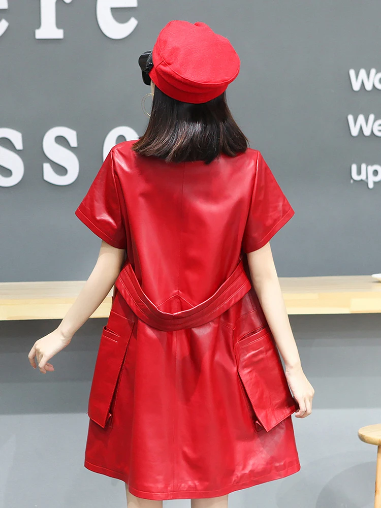 Dress Woman Autumn Winter Genuine Leather Stand Collar A-Line Dress High Waist Office Lady Sheepskin Dress with Pockets
