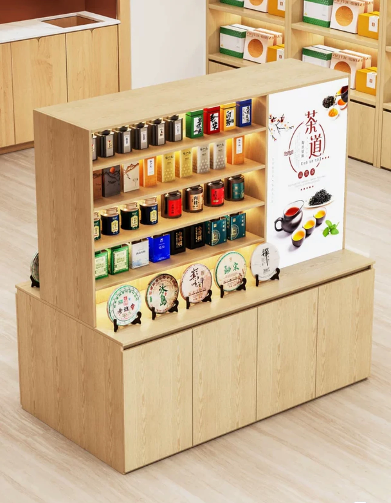 Двусторонний чайный шкаф из цельного дерева с световым коробом. Многослойная