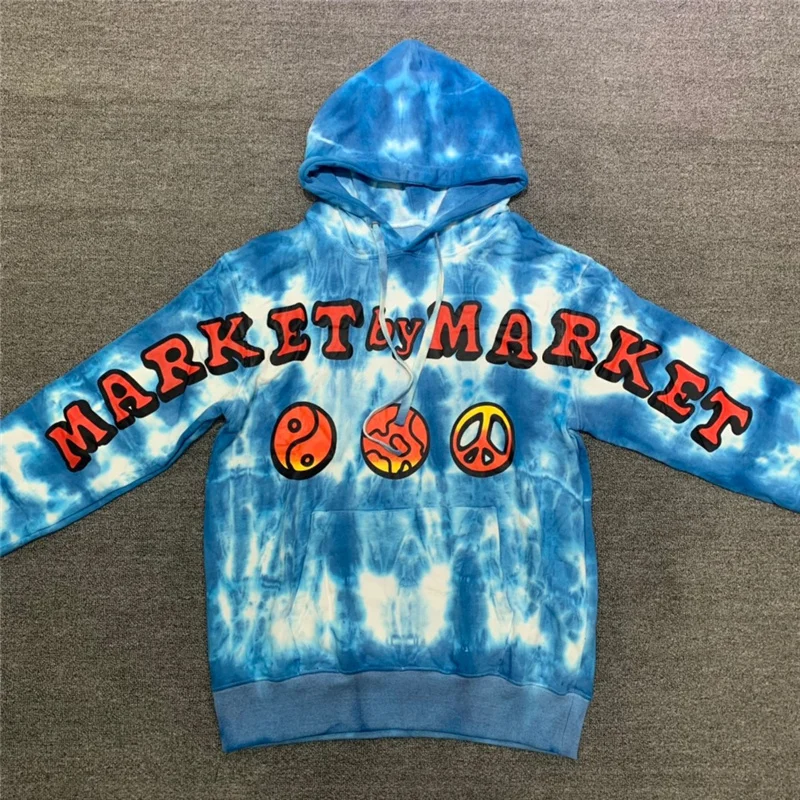 

Tie Dye By Market Hoodie Men Women Oversized Heavy Fabric Sweatshirt Pullover Blue