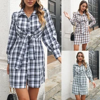 popular womens clothing 2022 spring and summer european and american casual plaid shirt dress bandage wrap skirt