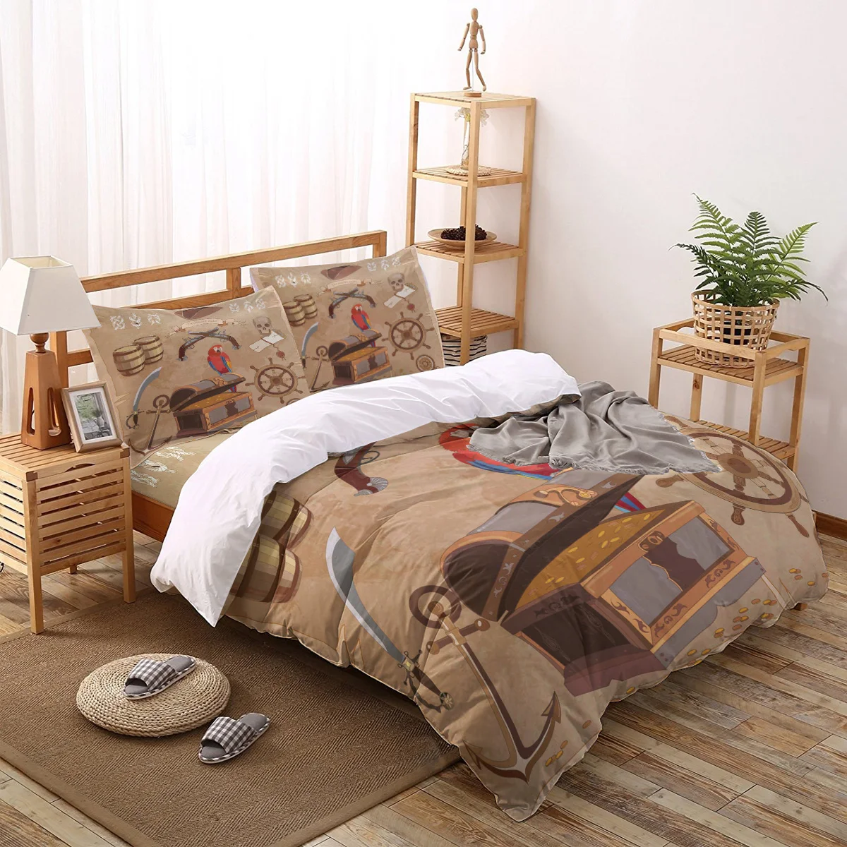 

Pirate Parrot Treasure Chest Comforter Bedding Sets Queen King Size Bed Sheets for Bedroom Modern Home Decoration Duvet Cover