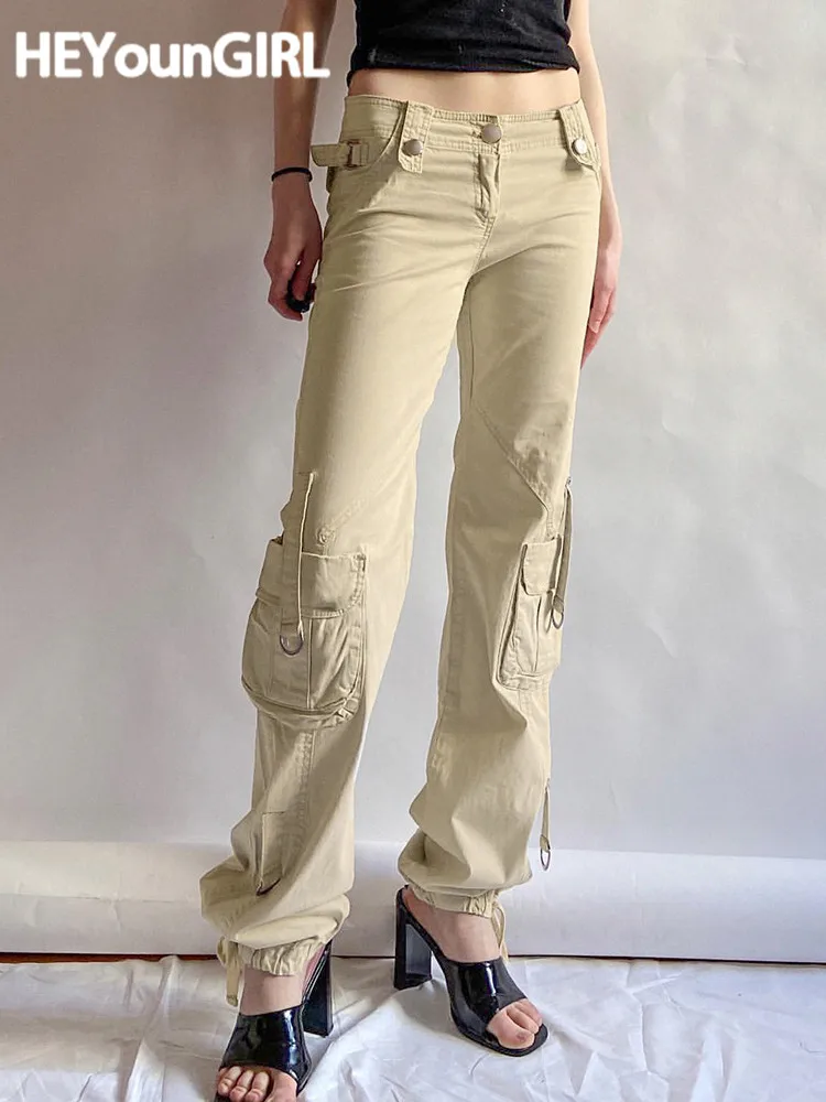 

Джинсы HEYounGIRL с заниженной талией и карманами, винтажные модные прямые брюки цвета хаки в стиле Харадзюку, уличная одежда