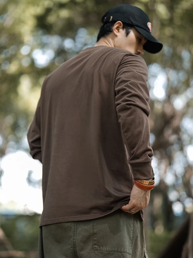 Brown Cotton Long sleeves Shirt Men's Loose round Neck Pullover Undershirt Youth T-shirt Spring and Autumn Hoodie New