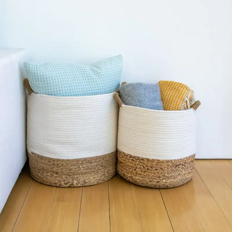 

free shipping Set of 2 Natural Round Storage Basket, Braided Seagrass & Coil Rope (XL+LG), Natural & White