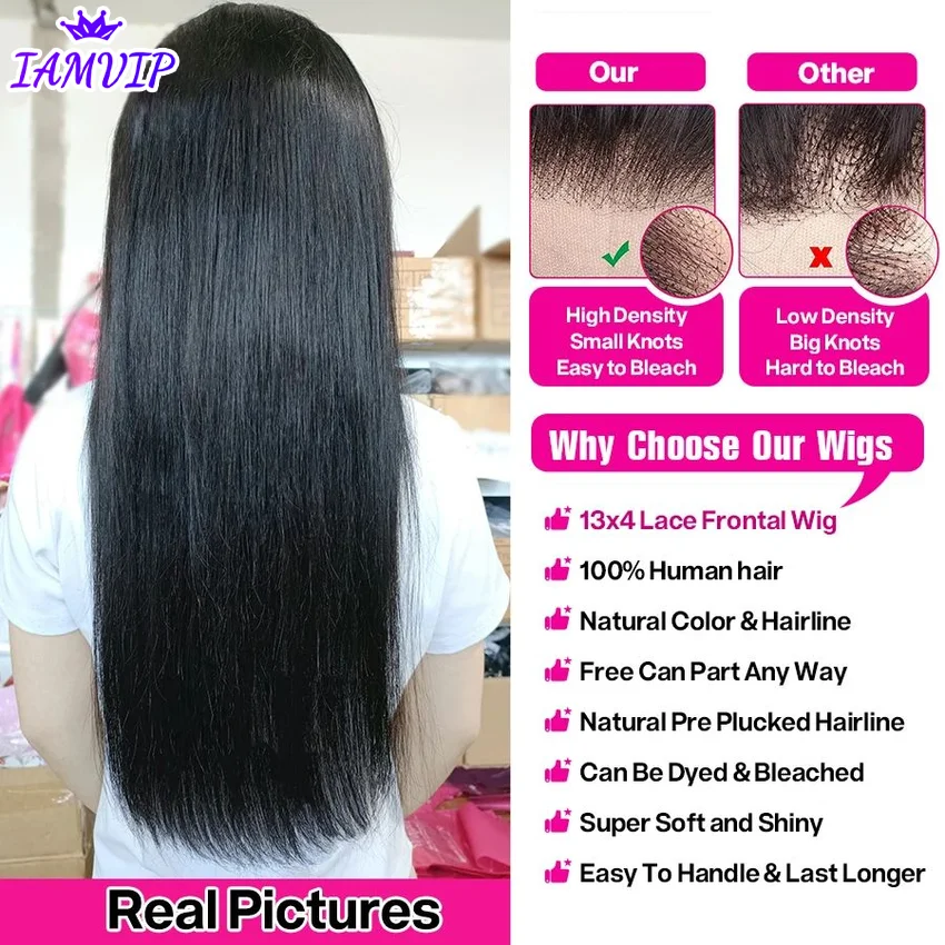 Фото 250% 360 Full Lace 13x6 HD Lace Frontal Wig for Women 13x4 Frant Silky Straight Remy Human Hair Темно-черный Бесклеевой Предварительно выщипанный №4