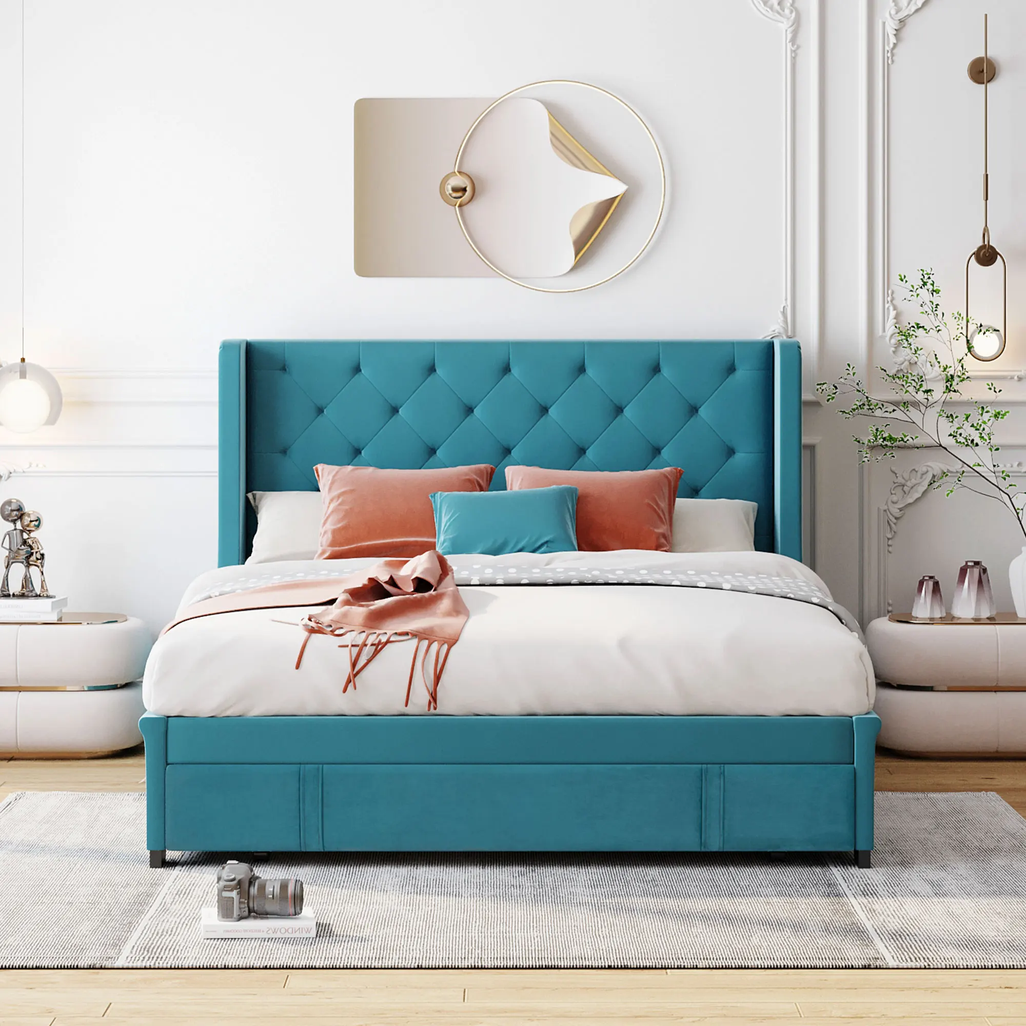 

Двуспальная кровать для хранения бархатная кровать с мягкой платформой с изголовьем крыла и большим выдвижным ящиком (синий)