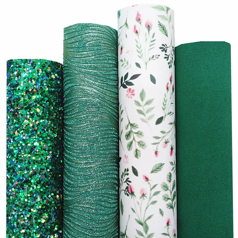 Green Glitter Leather Sheets Wave Textured Bling Glitter Leather Fabric Flowers Printed Faux Leather For Bow DIY 21x29CM Q1606