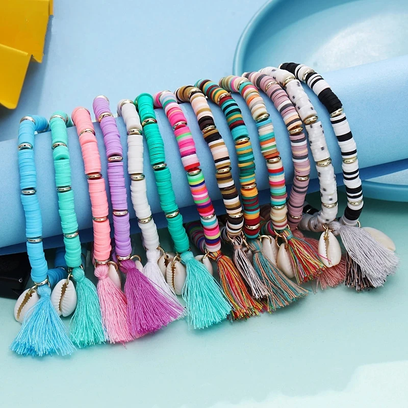

Creative Bohemian Colored Soft Clay Shell Tassel Bracelet for Women Trendy Wrist Jewelry Gift