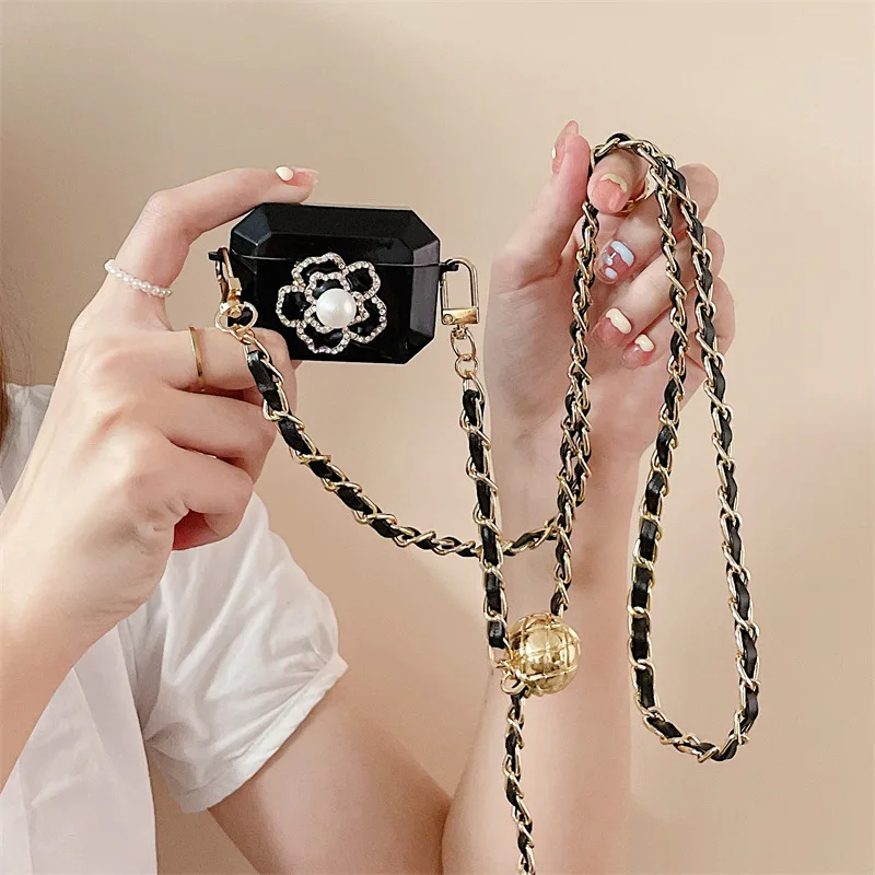 

Camellia Pearl Long Chains Black Case for Apple AirPods 1 2 3 Pro Cases Cover IPhone Bluetooth Earbuds Earphone Air Pods Case