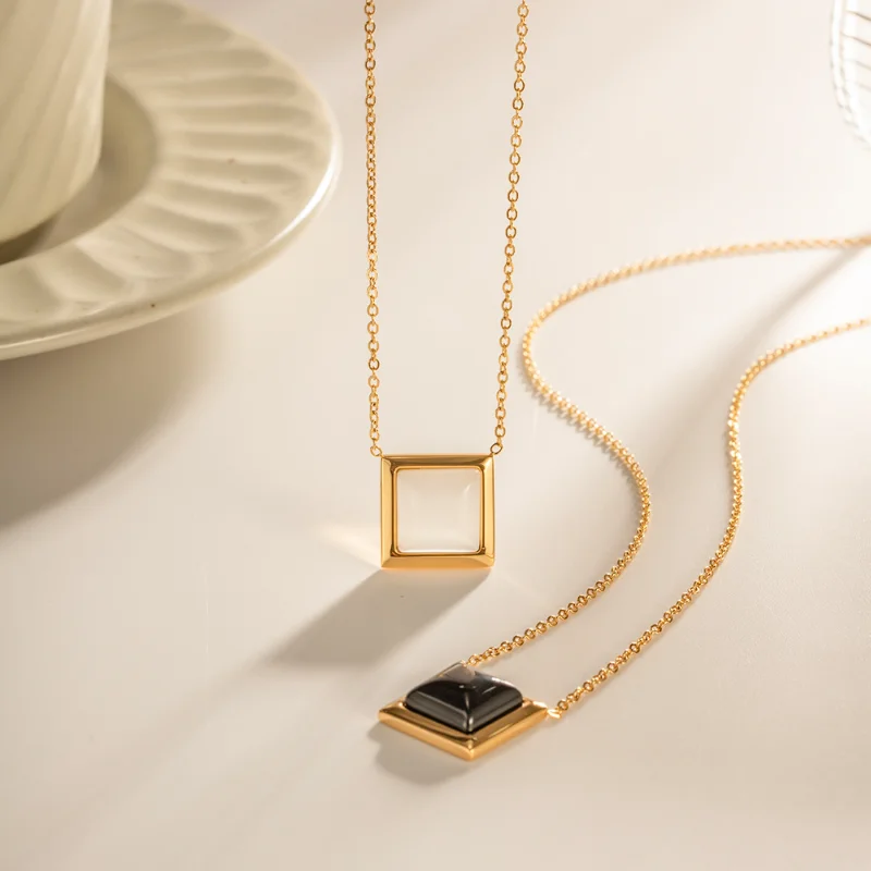 

Minar Luxury Black White Square Opal Semi-precious Stone Pendant Necklaces for Women 18K Gold PVD Plated Titanium Steel Choker