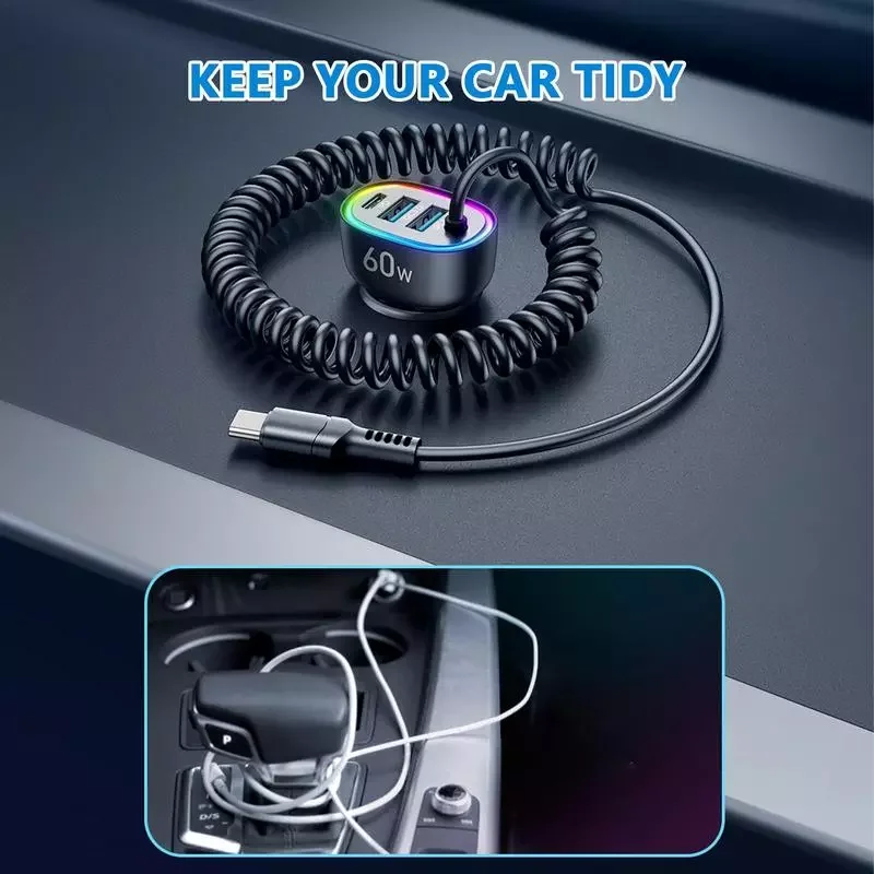 

NEW2023 Cigarette Lighter Adapter Fast Charge 3.0 Car Charger 4 Ports Type-C USB Port Fast Charge Car Chargers With Mini Handle