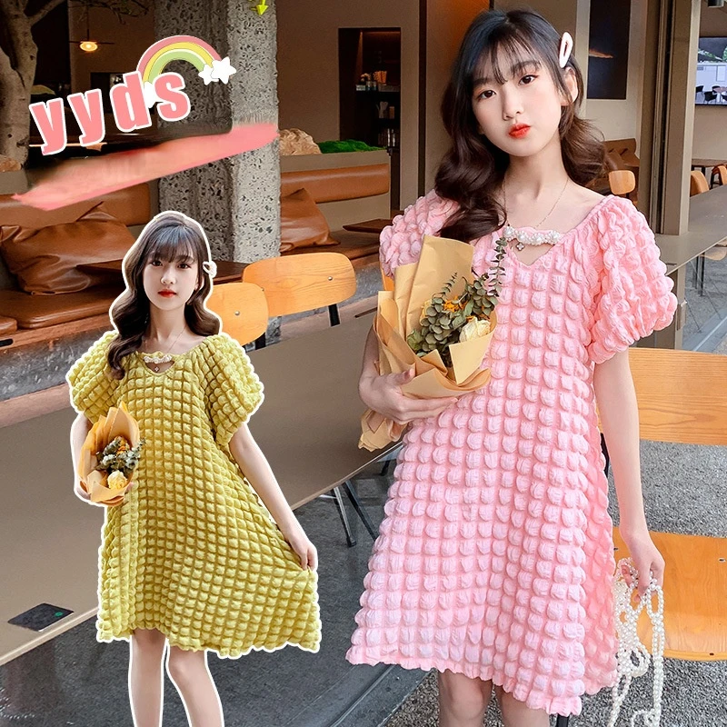 

Платье принцессы для девочек 4-14 лет, желтое свободное платье с коротким рукавом и V-образным вырезом, одежда для подростков, лето 2022