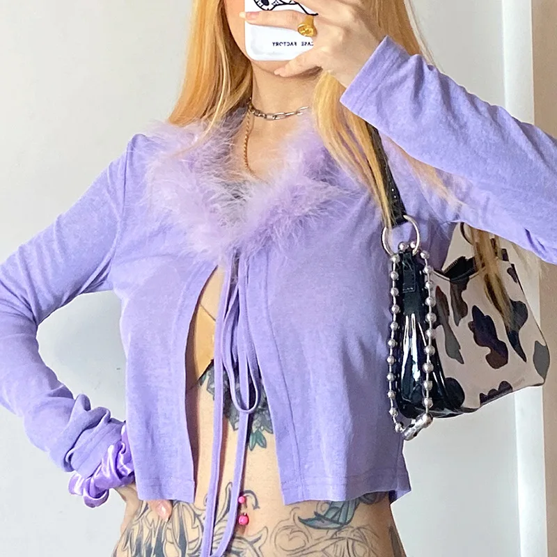 

Purple V Neck Long Sleeve Cropped Tshirt Women 2021 New Feathers Lace Up Bow Bandage Sexy T-shirt Femme Black Shirt