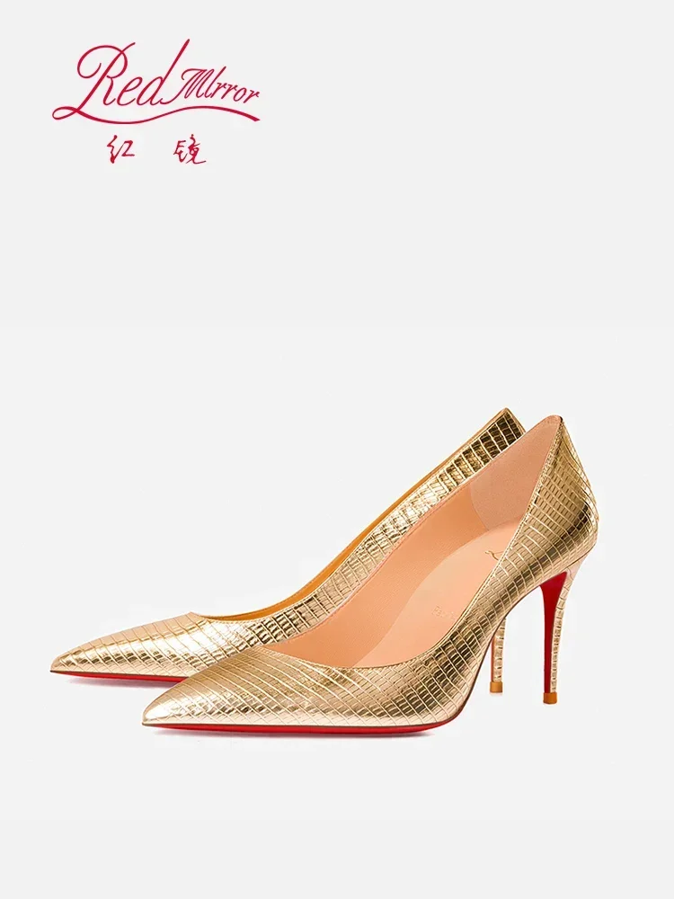 Wiosna/lato czerwony dół jaszczurka tłoczony złoty szpiczasty płytkie usta wąskie obcasy seksowne bankietowe wysokie pojedyncze buty