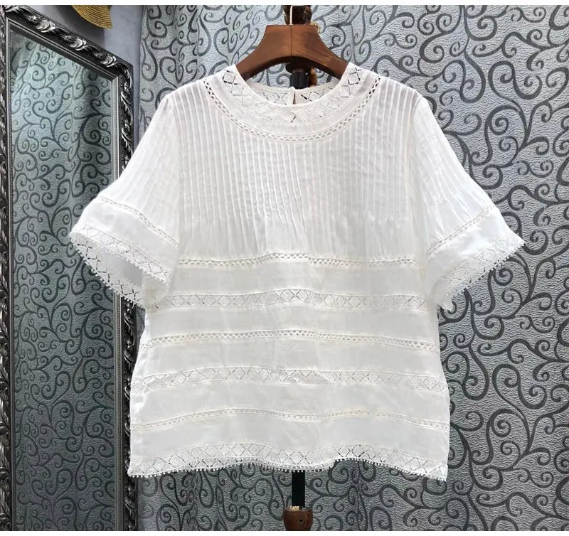 100%Cotton Tops 2022 Summer Fashion White Green Pink Black Blouses Women Hollow Out Embroidery Short Sleeve Casual Tops Lady