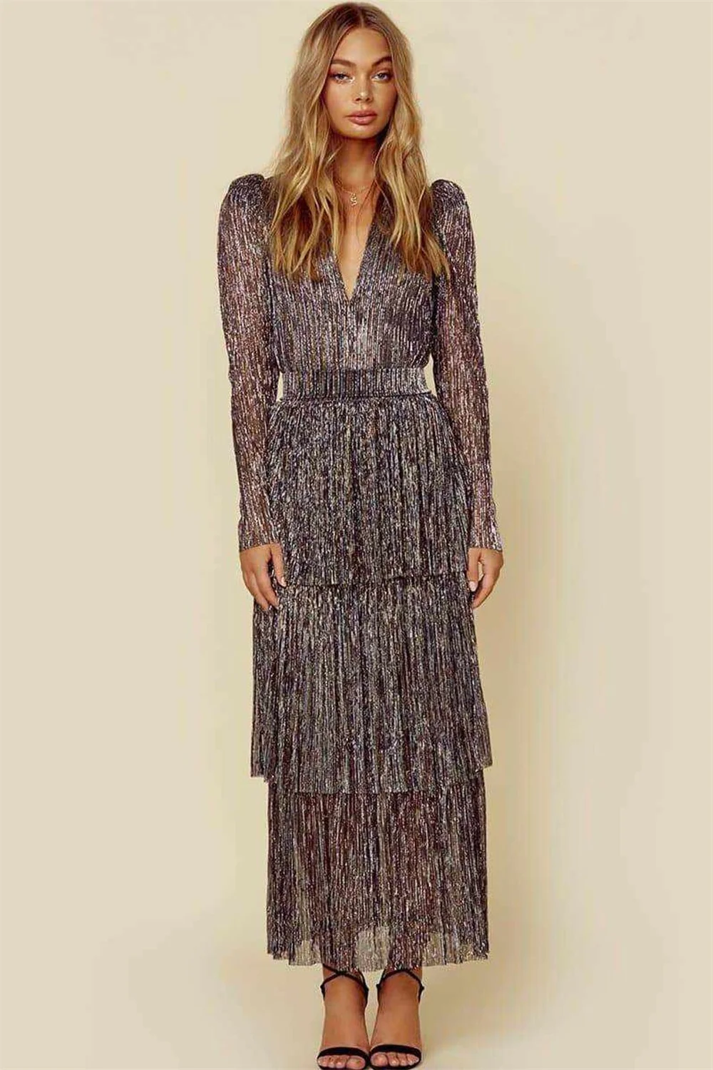 Elegant V Neck Layered Long Party Evening Dresses Women Long Sleeve Elbise Vestidos Traf Clothes Lady Prom Maxi Dress