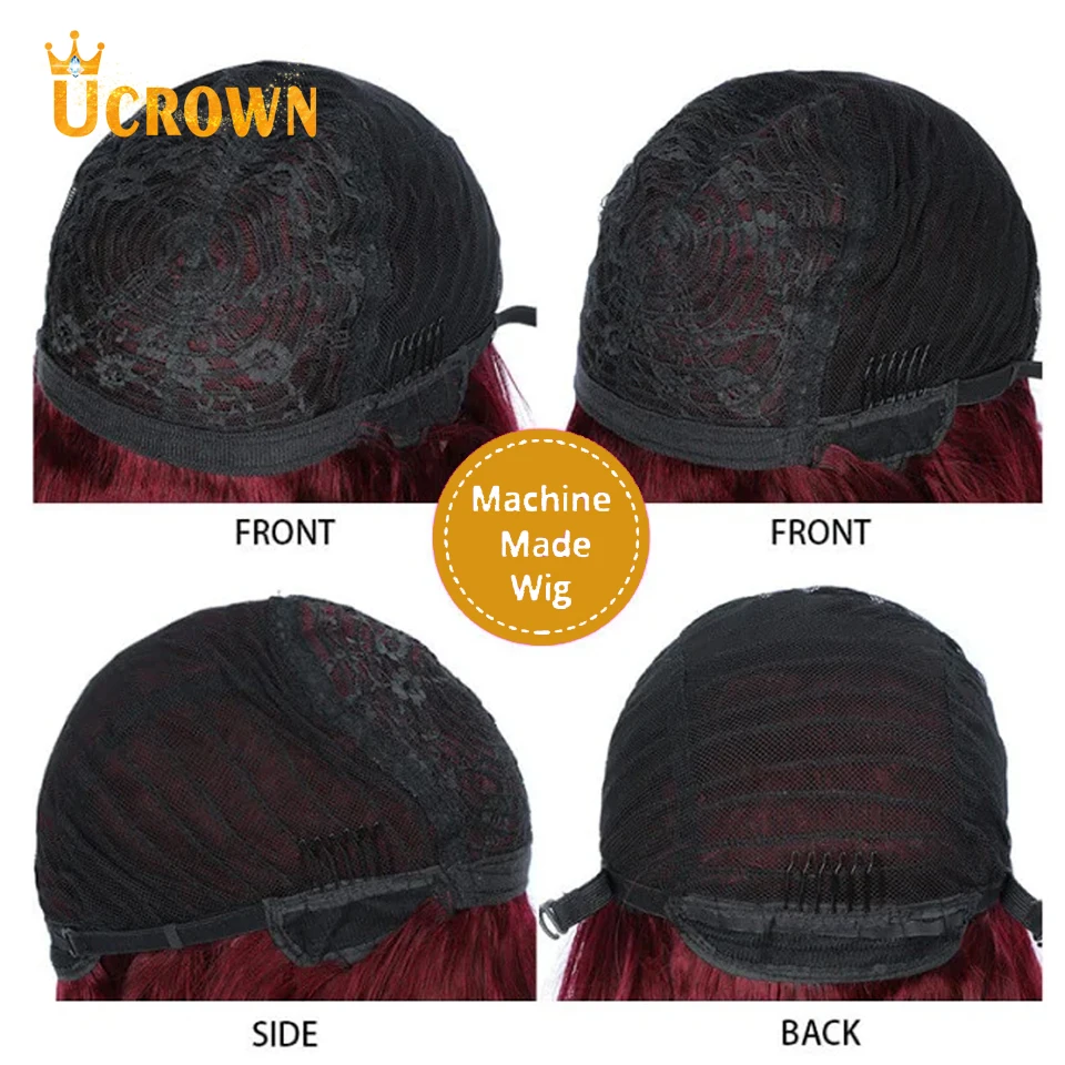 Парик прямой бургундского цвета Ucrown Hair 99j с прямыми челками, полностью машинной работы с имитацией кожи головы, изготовленный из волос бразильского происхождения для чернокожих женщин.