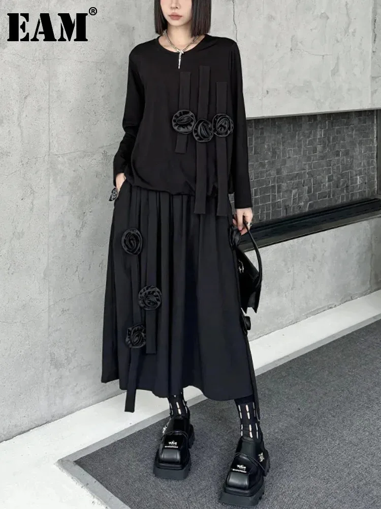 [EAM] Футболка с цветочным принтом большого размера широкие брюки костюм из двух