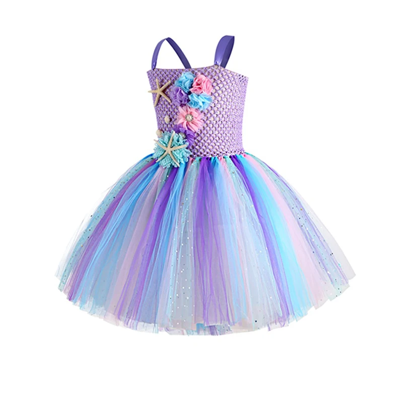 

Girls Mermaid Dress for Birthday Party New Sweet Rainbow Ball Gown Flowers Sea Star Halloween Costume Kids Beach Holiday Dresses