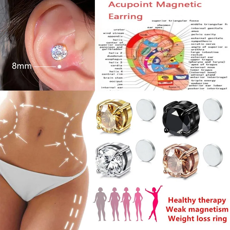 

8mm Slimming Detox Magnetic Ear Studs Men Women Stud Earrings Round Magnet Crystal Stone Earring No Ear Hole Ear Nails