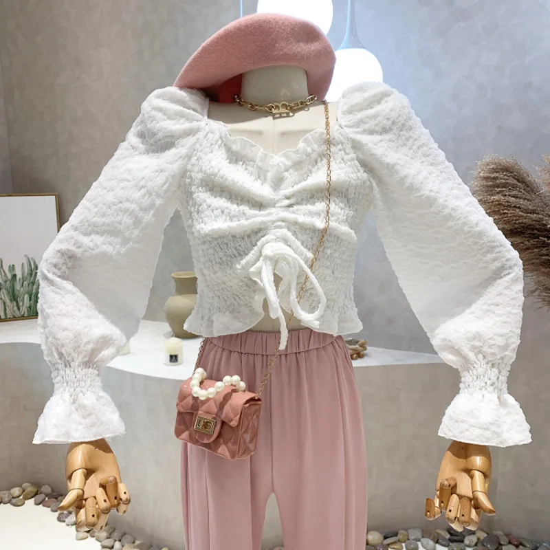 

Niche Design New Women Clothing 2022 Spring Drawstring Pleated High Waist Short Bottomed Shirt Long Sleeved Tops Blusa Feminina