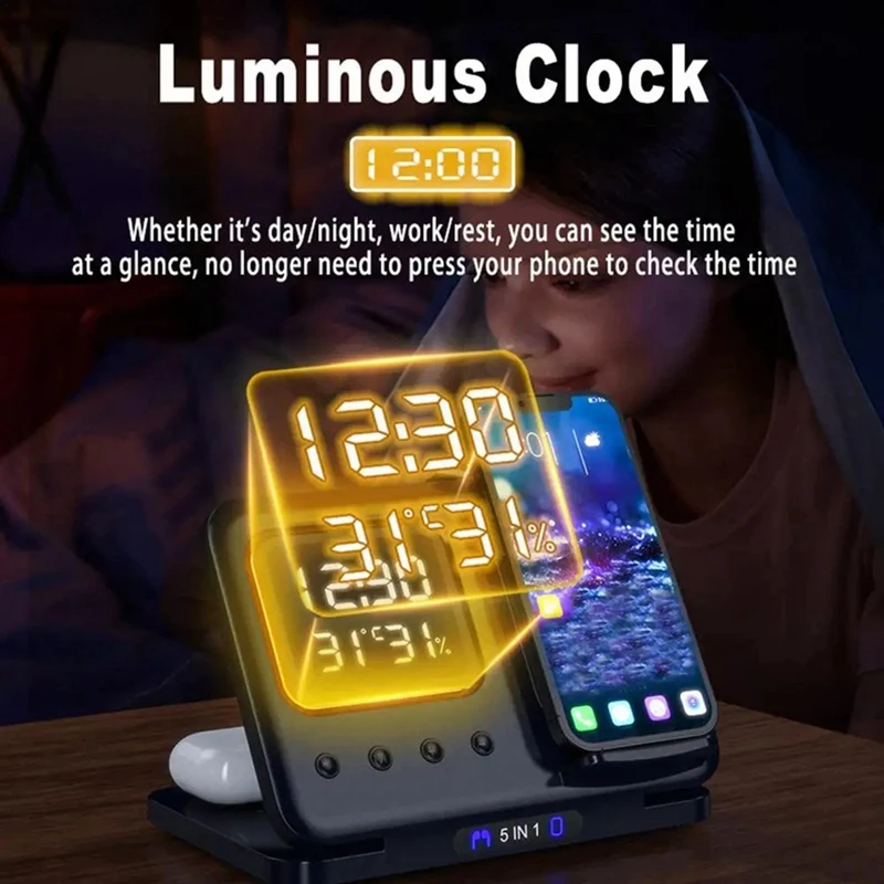 Беспроводные зарядные устройства подставка 5 в 1 светодиодный цифровой будильник