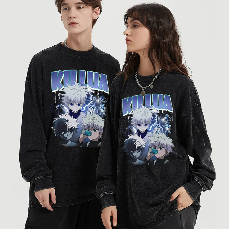 

Men T-Shirt Hip Hop Streetwear Hunter X Hunter Killua Hxh Anime T Shirt Retro Cotton Tops Tees Long Sleeve Vintage Washed Tshirt