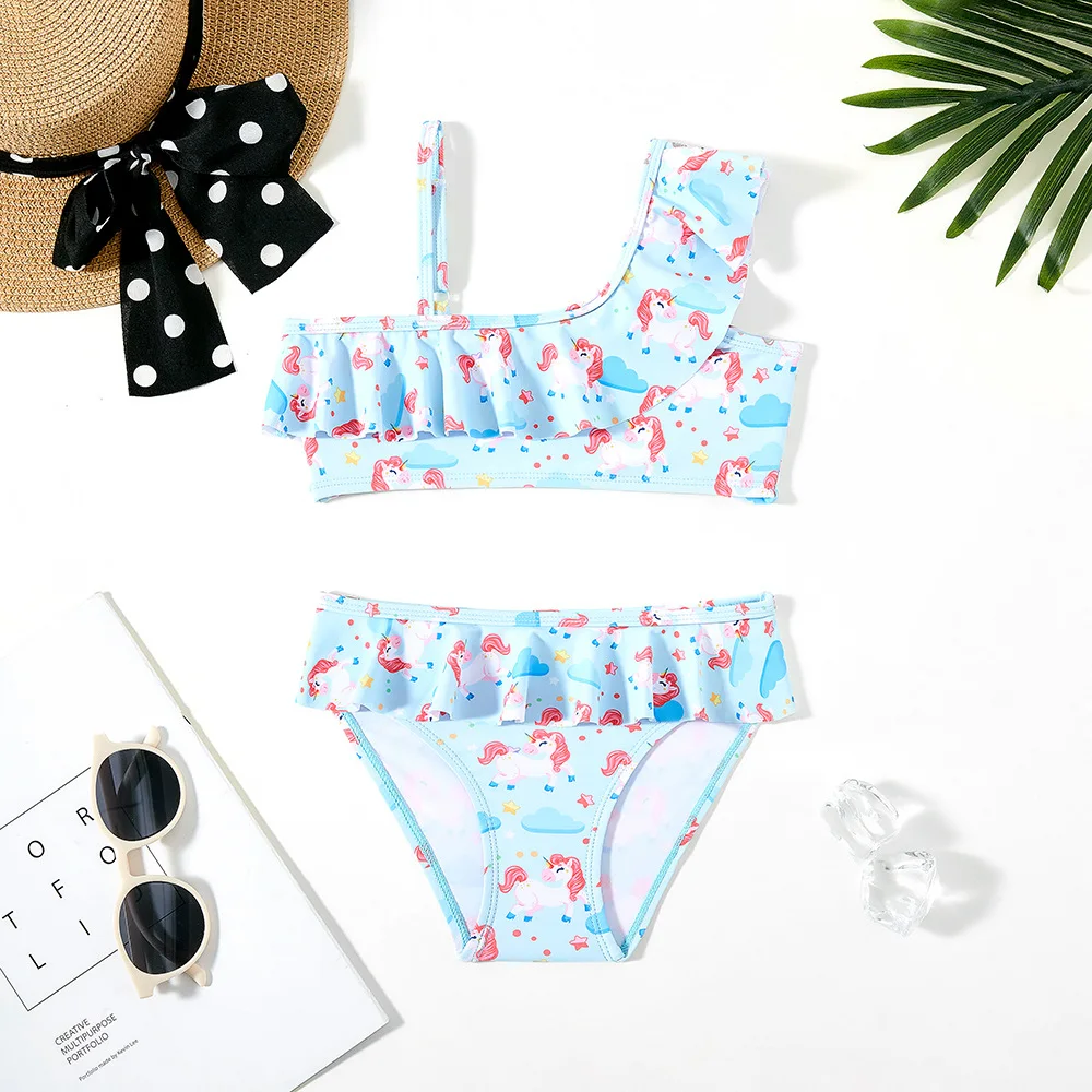 

Unicorn Print Girls Summer Swimwear Striped Swimsuit Sleeveless One Shoulder Tops + Ruffle Striped Thong 2pcs Bikini Sets