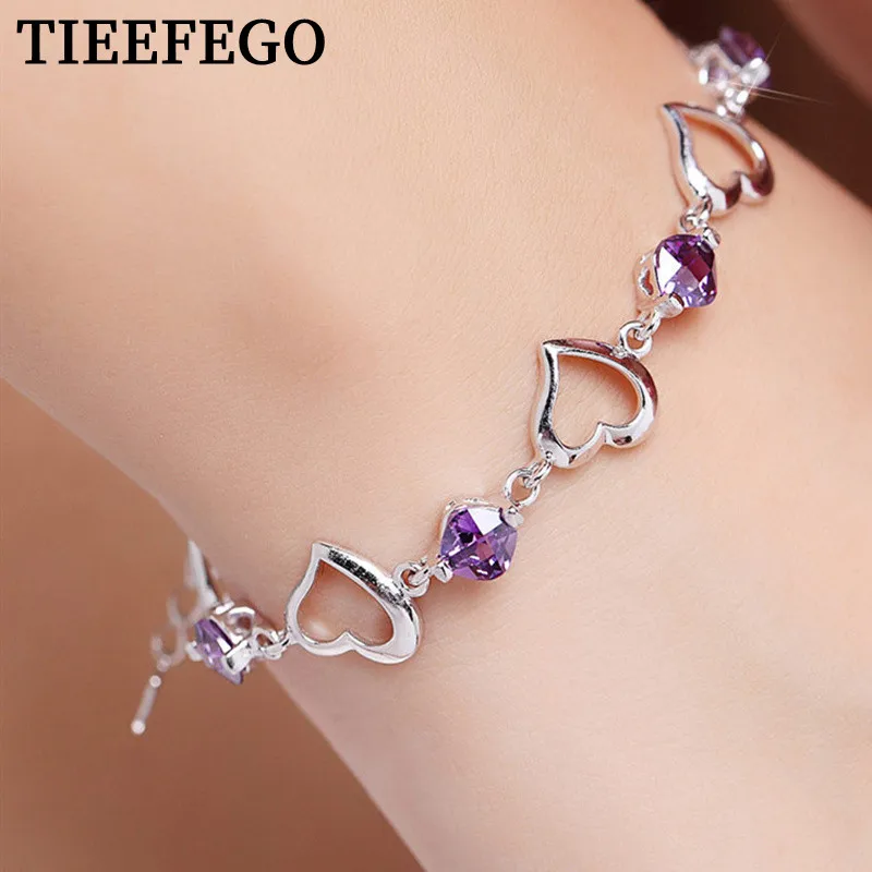 

Высококачественный серебряный браслет TIEEFEGO в форме сердца, фиолетовый браслет с кристаллами из циркония, женская бижутерия для вечеривече...