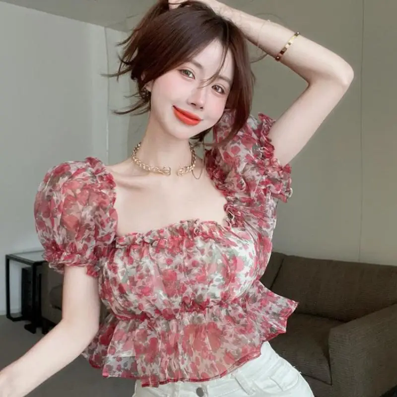

Summer Sexy Off Shoulder Crop Top Ruffles Purple Shirt Women Puff Sleeve Harajuku Tee Shirt Chiffon Blouse 2022 Fashion Lace Up