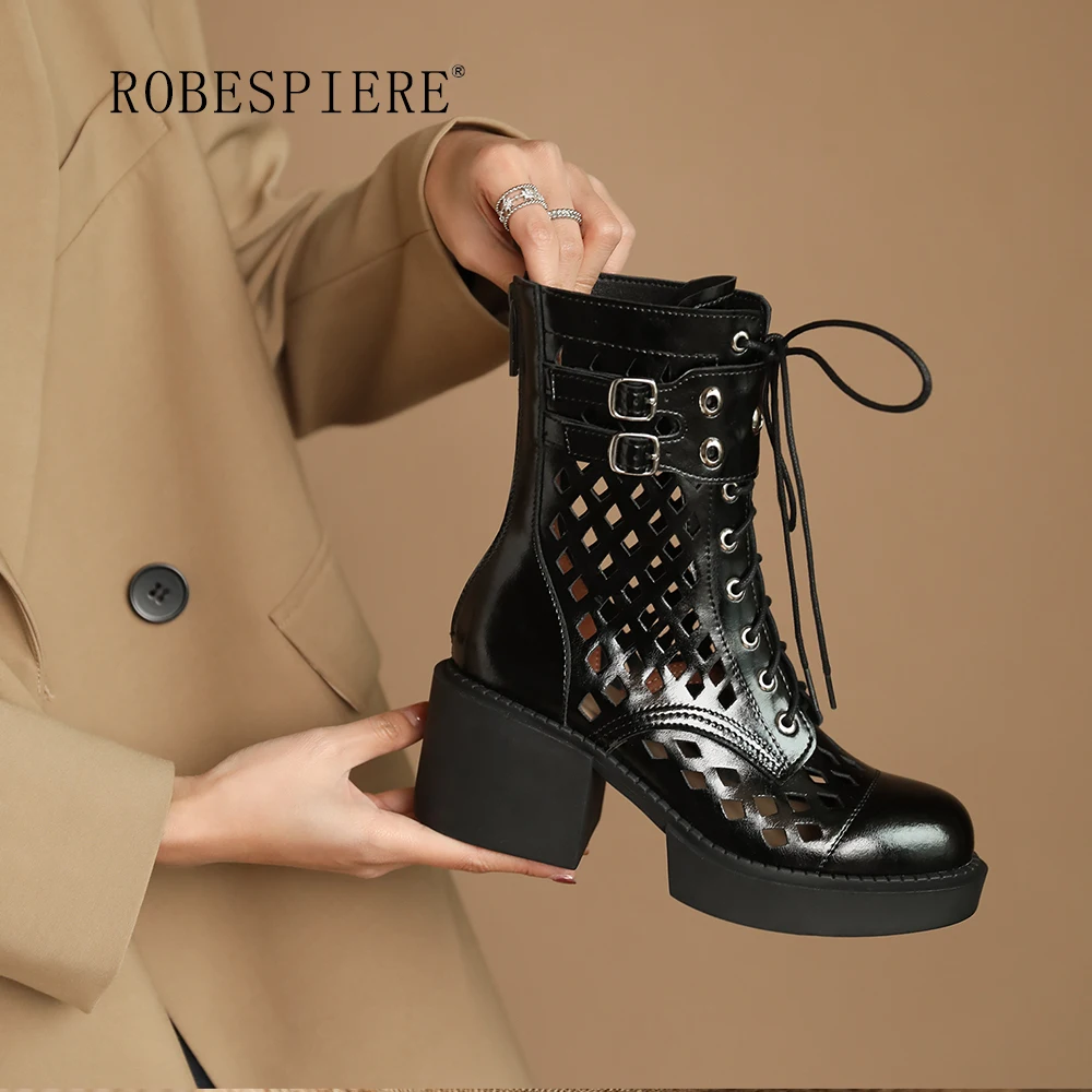 

ROBESPIERE-Summer Hollow Martin Boots 2022 Popular Thick-soled Thick-heeled Breathable Cool Boots Leather Women's Shoes-B360