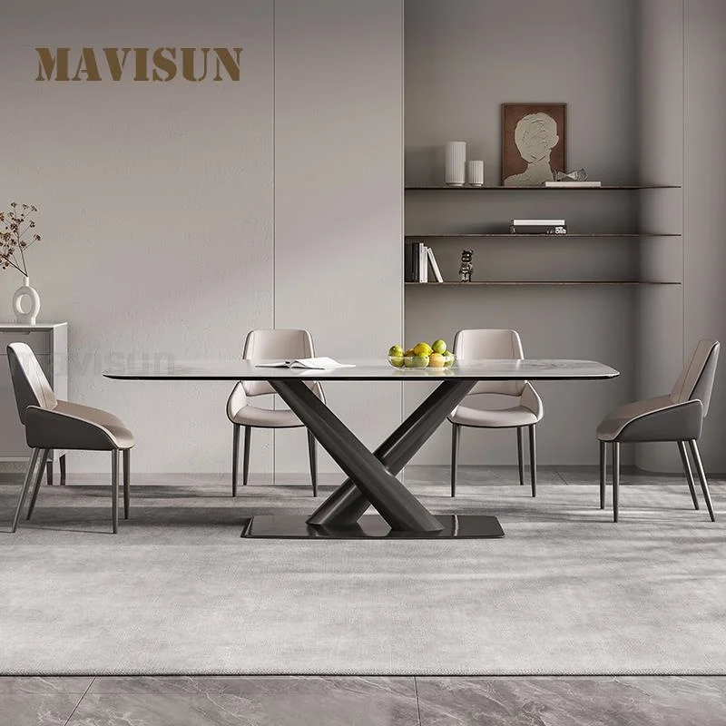 

Italian Rock Slab Kitchen Table Black Carbon Steel Frame Six Seats Chair Combination White Minimalist Rectangle Dining Furniture