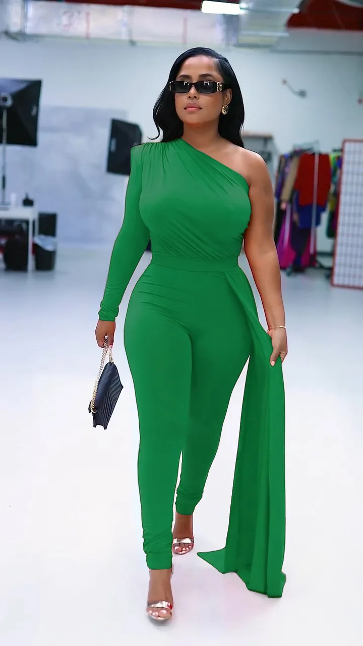 

One Shoulder One Long Sleeve Ruffles Side Splicing High Waist Jumpsuit for Women Sexy Party One Piece Set Outfits