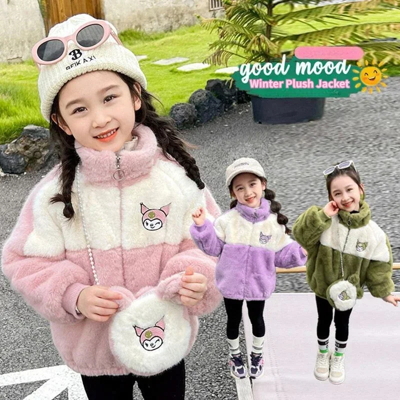 

Кавайное детское теплое пальто Sanrio Kuromi Y2k, зимнее мягкое утепленное свободное плюшевое пальто для девочек, детские хлопковые топы, детские подарки