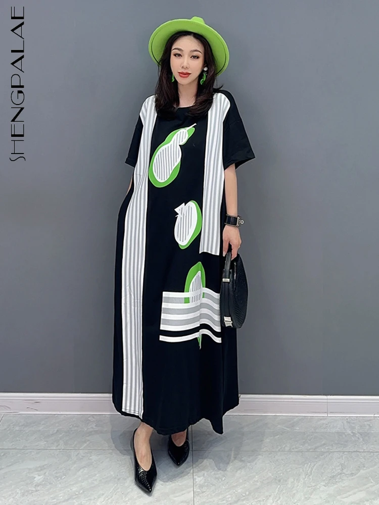 SHENGPALAE Fashion Printed Dress For Women Striped O-neck Short Sleeve Loose Casual Contrast Color Robe Summer 2023 New 5R3570