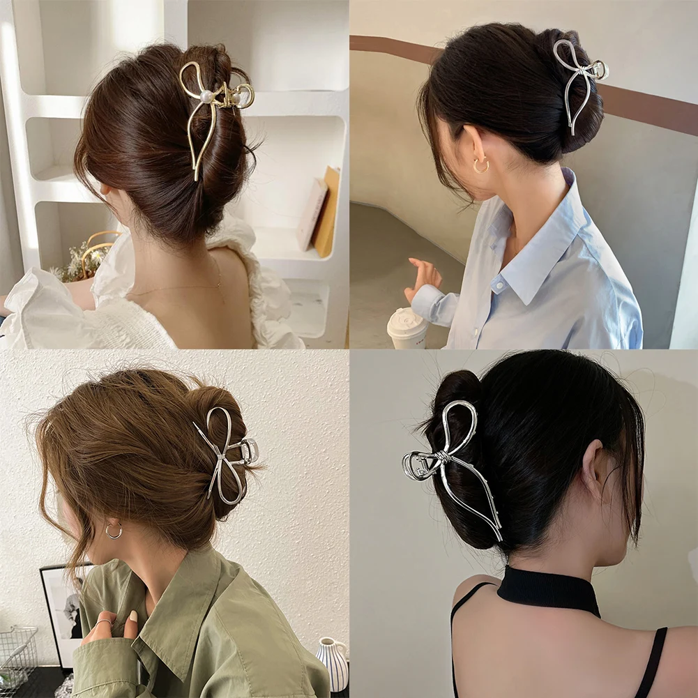 

2022New Metal Retro Pearl Bow Hair Claw Temperament Back Head Shark Clip Headwear for Women Ponytail Claw Clip Heawear Accessory
