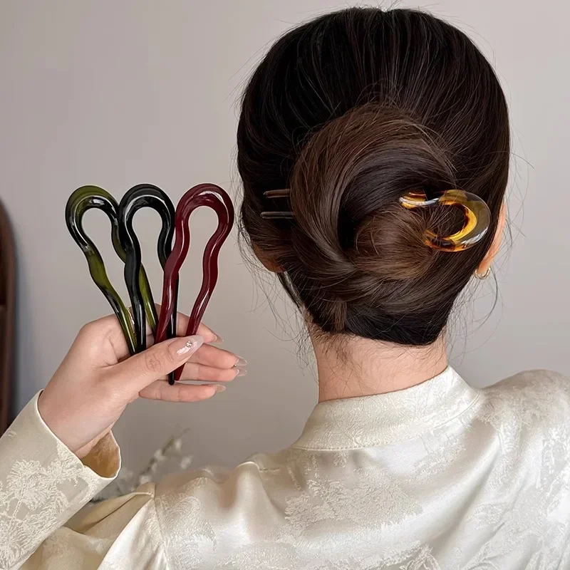 Фото Заколка для волос French Twist, винтажная U-образная заколка-шпилька из ацетата с волнистым эффектом, имитация черепахового панциря, для женских причесок, аксессуар для волос №2
