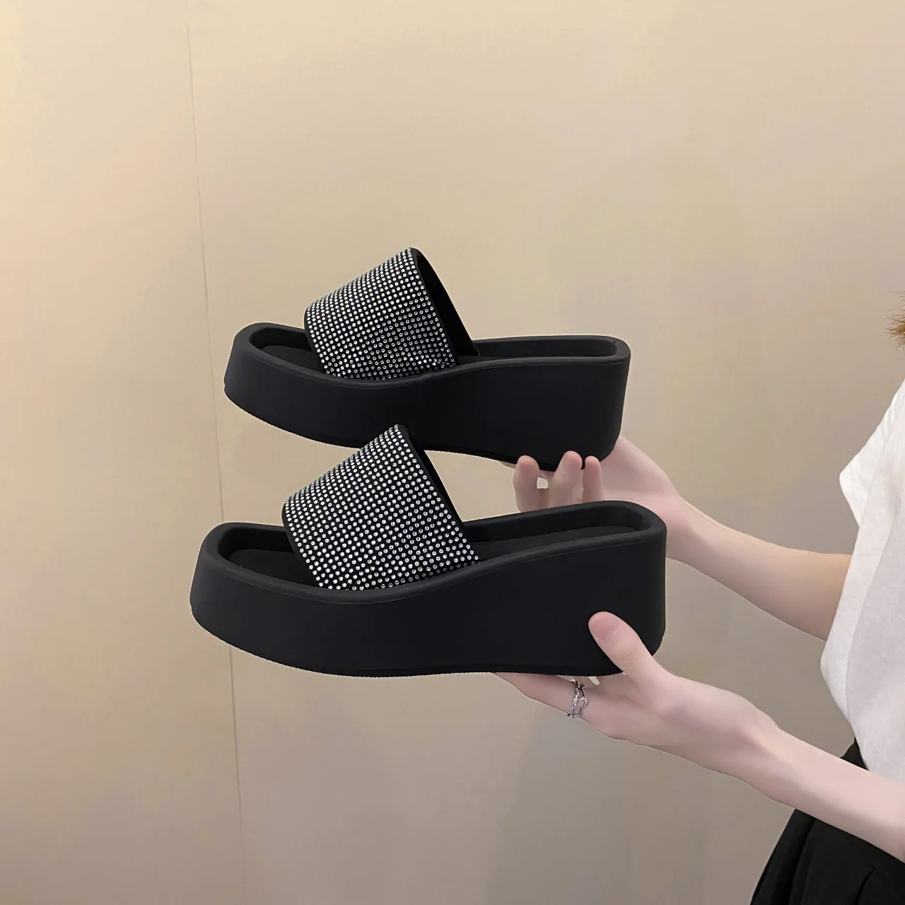 Muffin Bottom Rhinestone Heightening Slippers Women's Summer New Square-toe Open-toe One-word Slippers Thick-soled Shoes Large43