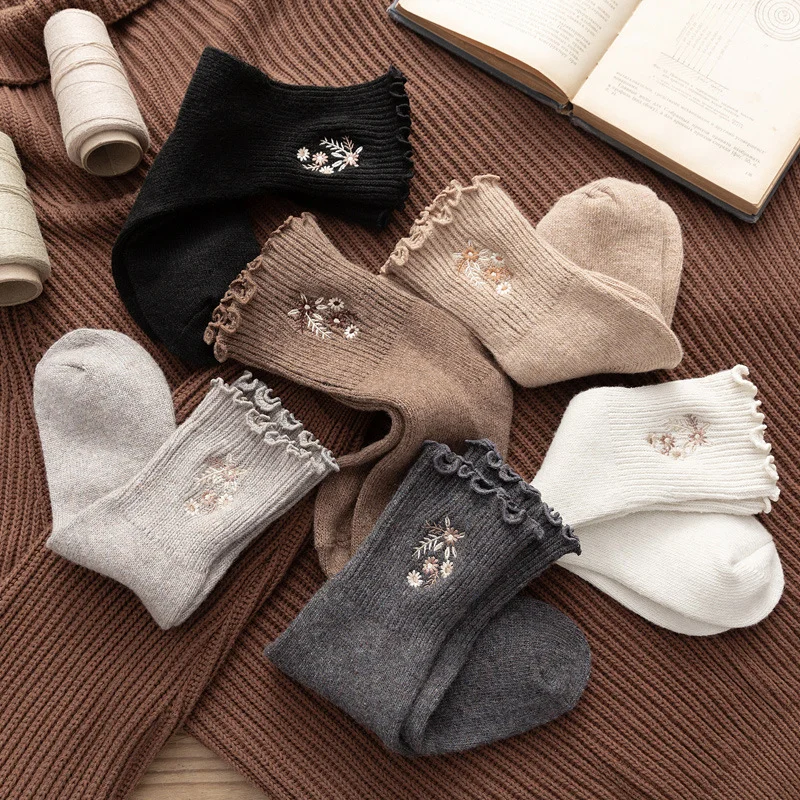 

Japanese Vintage Embroidered Mid-Calf Wool Socks with Mushroom Pile Edge Designer Socks for Women