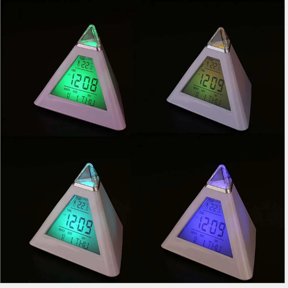 Будильник с цифровым таймером настенный разноцветный термометр в виде пирамиды