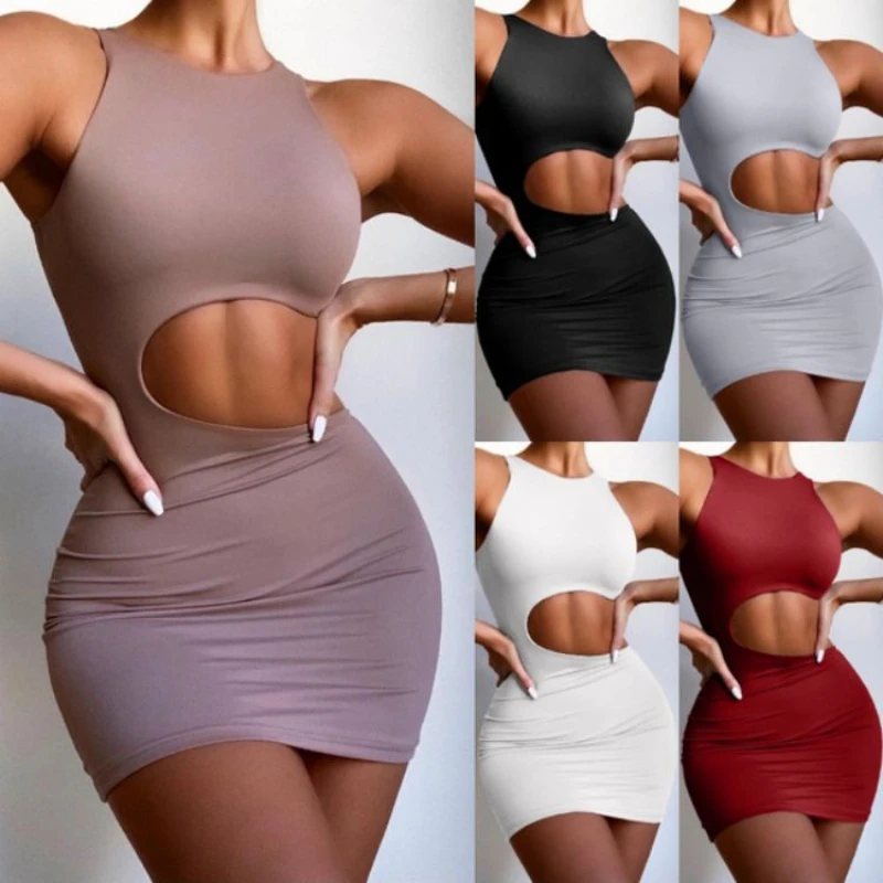 

Fashion Sleeveless Slim Personality Elegant Summer Sexy Tight fitting Dress Hollow Out Waist Vestidos Mujer Lace Up Mini Dress